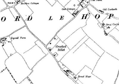 Location of Billet cottages still noted as Crooked Billet from a 1924 map. By this time Grubbs and Pitseys farms were renamed as Oak farm